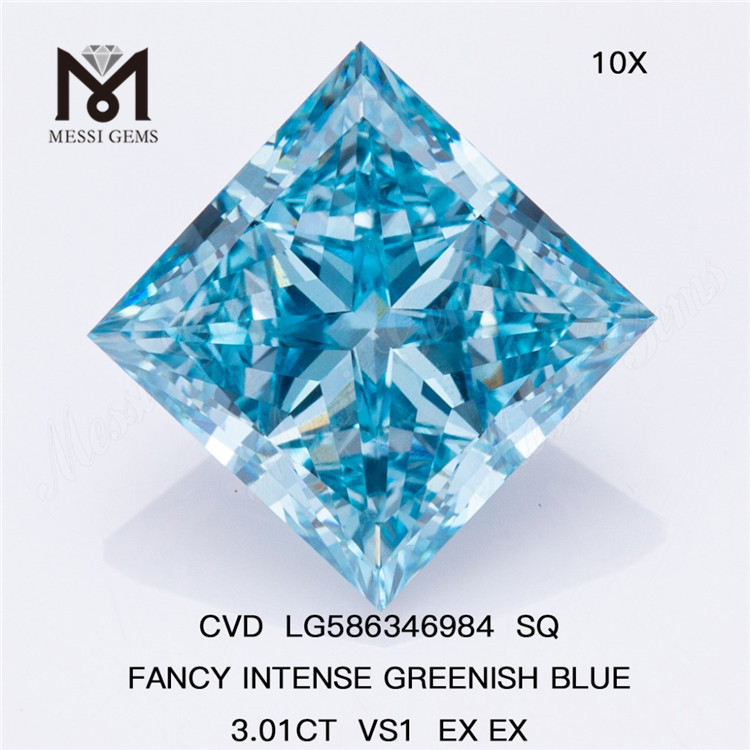 Синий бриллиант, выращенный в лаборатории, 3 карата VS1 EX EX SQ ФАНСИ ИНТЕНСИВНЫЙ ЗЕЛЕНО-СИНИЙ CVD-АЛМАЗ LG586346984