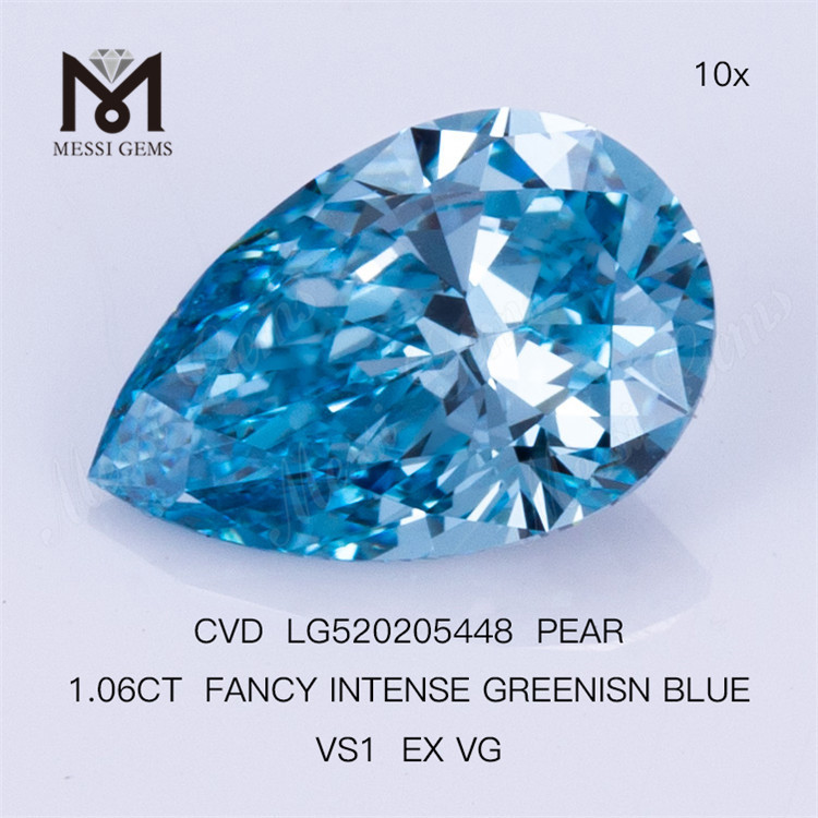 1.06CT PEAR FANCY INTENSE GREENISN BLUE VS1 EX VG лабораторный бриллиант CVD LG520205448