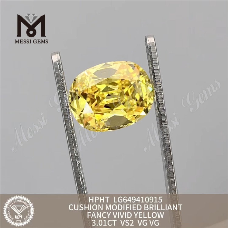 3.01CT Cushion Fancy Frived Yellow Vs2 Man Made Diamons HPHT LG649410915 
