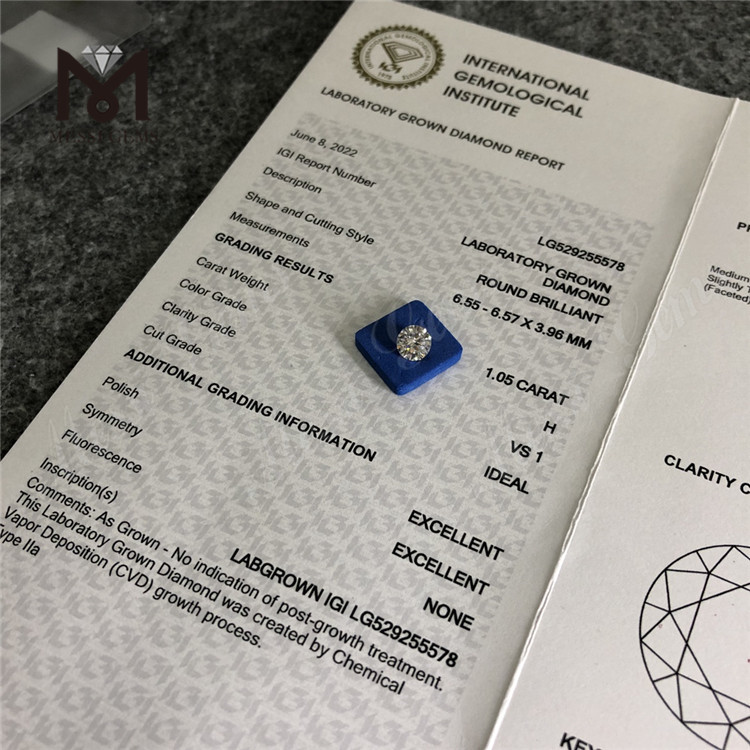 1,05 карат H по сравнению с дешевым искусственным бриллиантом Ronnd Best Lab Diamond CVD