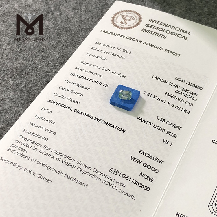 Цена на искусственный бриллиант EM 1,53 карата VS1 FANCY LIGHT BLUE EM 丨Messigems CVD LG611353650 