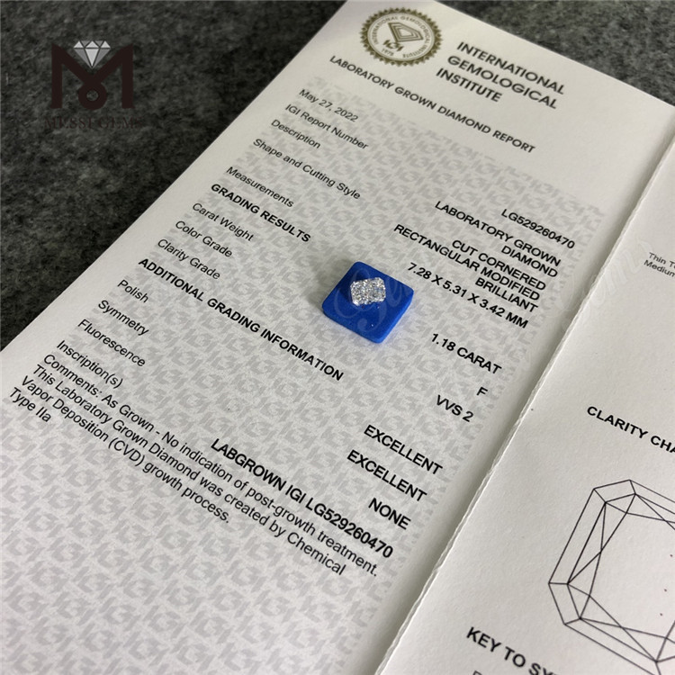 1.18CT ПРЯМОУГОЛЬНЫЙ F VVS2 EX EX CVD Лабораторные бриллианты Сертификат IGI