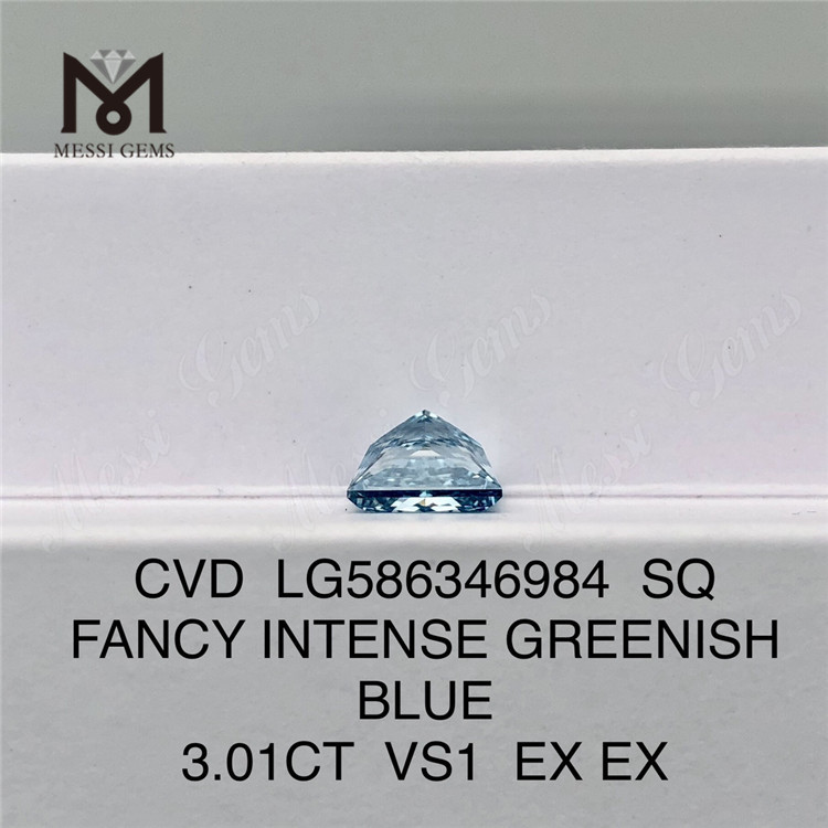 Синий бриллиант, выращенный в лаборатории, 3 карата VS1 EX EX SQ ФАНСИ ИНТЕНСИВНЫЙ ЗЕЛЕНО-СИНИЙ CVD-АЛМАЗ LG586346984