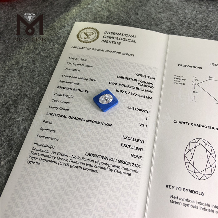 Сертификат IGI на бриллиант 3,03 карата F VS1 OVAL CVD 