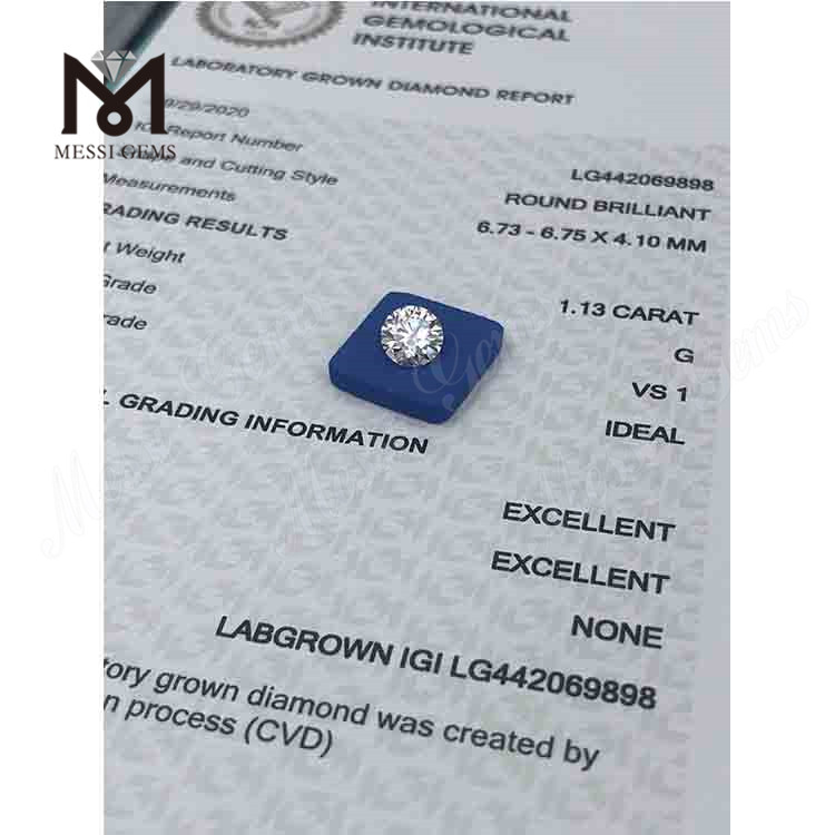 1,13 карата G VS1 IDEAL Круглый бриллиант, выращенный в лаборатории CVD